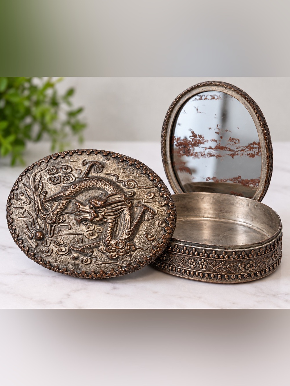 Vintage Embossed Dragon Trinket Jewelry Box with Mirror – Asian Decor